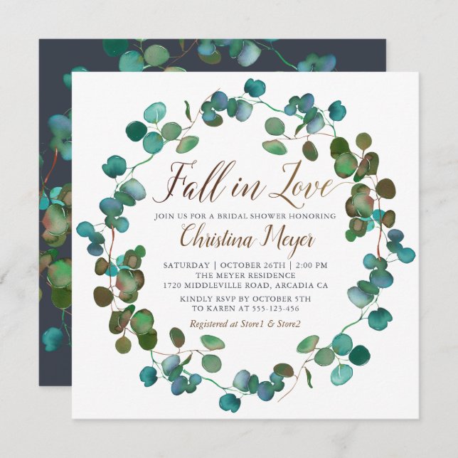 Fall in Love Autumn Greenery Wreath Bridal Shower Invitation (Front/Back)