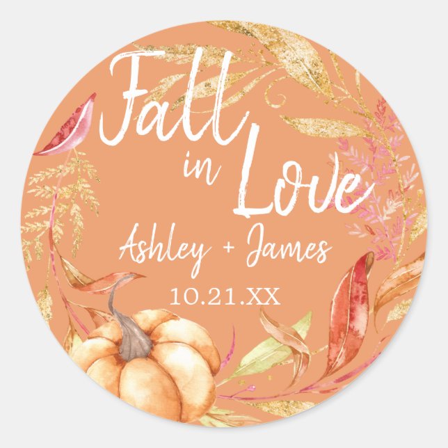 Fall in Love Autumn Leaf Orange Wedding Monogram Classic Round Sticker (Front)
