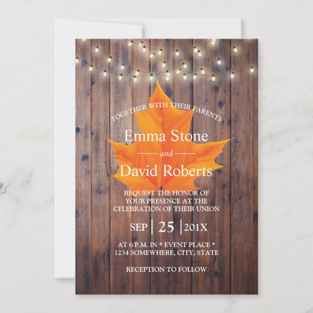 Fall in Love Autumn Leaf String Lights Wedding Invitation (Front)