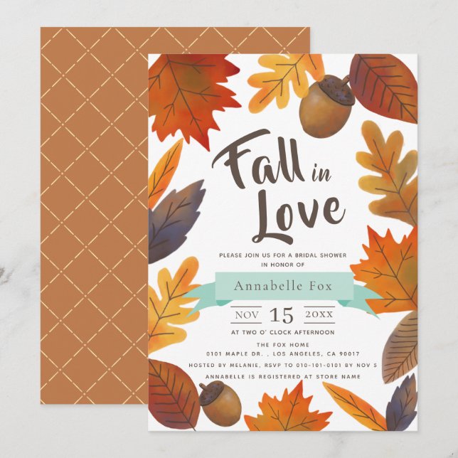 Fall in Love Autumn Leaves Brown Bridal Shower Invitation (Front/Back)