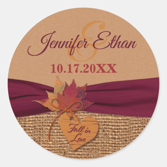 Fall in Love, Autumn Leaves, Burlap Wedding Classic Round Sticker (Front)