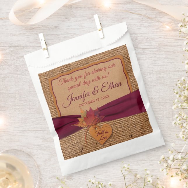 Fall in Love, Autumn Leaves, Burlap Wedding Favour Bag (Clipped)