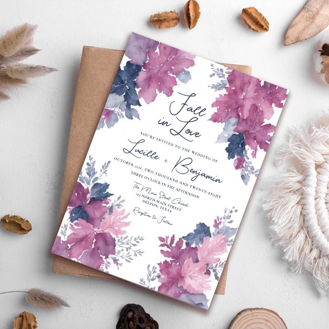 Fall in Love Autumn Leaves Navy Blue Mauve Wedding Invitation (Creator Uploaded)