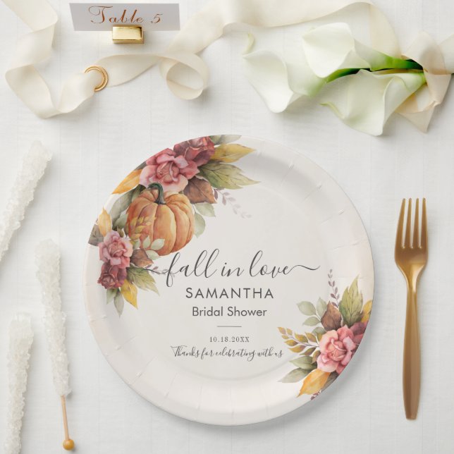 Fall in Love Autumn Leaves Pumpkin Bridal Shower Paper Plate (Wedding)