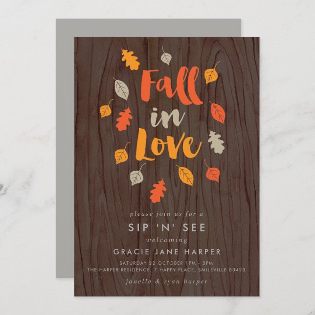 Fall in Love Autumn Leaves Sip & See Invitation (Front/Back)