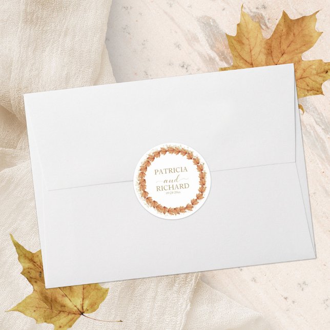 Fall in Love Autumn Leaves Wedding  Classic Round Sticker (Creator Uploaded)