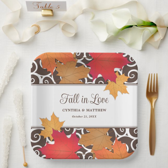 Fall In Love  Autumn Leaves Wedding Monogram Paper Plate (Wedding)