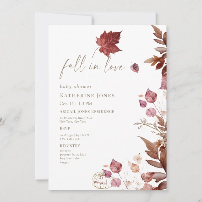 Fall in Love Autumn Li'l Pumpkin White Baby Shower Invitation (Front)
