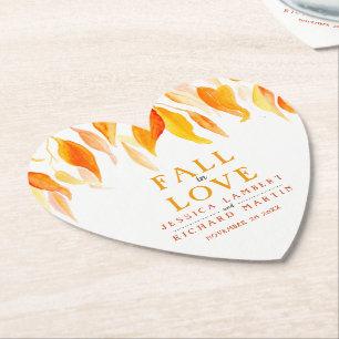 Fall in love autumn orange leaves wedding custom paper coaster