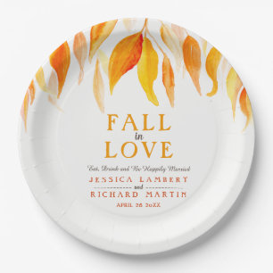 Fall in love autumn orange leaves wedding paper plate