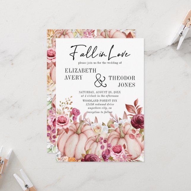 Fall in Love Autumn Pumpkin Floral Wedding  Invitation (Front/Back In Situ)