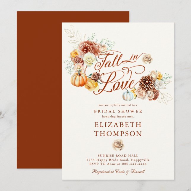 Fall in Love Autumn Pumpkin Gold Bridal Shower Invitation (Front/Back)