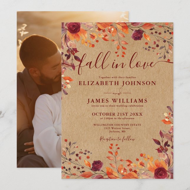 Fall In Love Autumn Rustic Floral Photo Wedding Invitation (Front/Back)