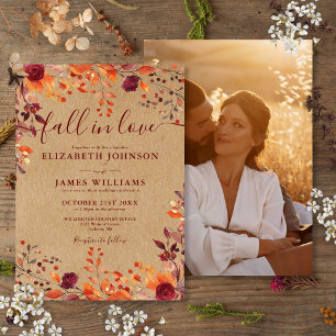 Fall In Love Autumn Rustic Floral Photo Wedding Invitation