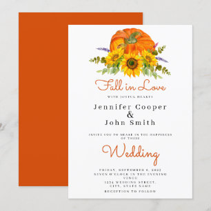 Fall in Love Autumn Sunflower Pumpkin Wedding Invitation