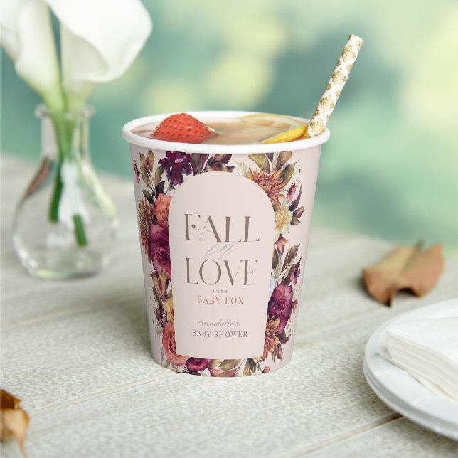 Fall in Love Autumn Wreath Arch Pink Baby Shower Paper Cups (Insitu)
