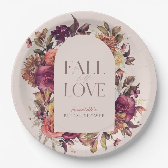 Fall in Love Autumn Wreath Arch Pink Brida Shower  Paper Plate (Front)