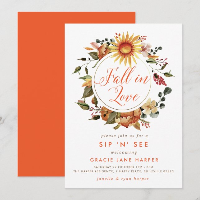 Fall in Love Autumn Wreath Sip & See Invitation (Front/Back)