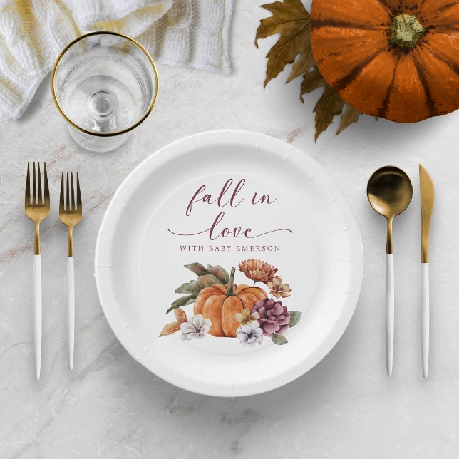 Fall In Love Baby Shower Paper Plate (Fall In Love With Baby Paper Plate Decor Baby Shower Fall Autumn Watercolor Pumpkin Floral)