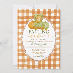Fall in love Bear Pumpkin Baby shower Gingham Invitation