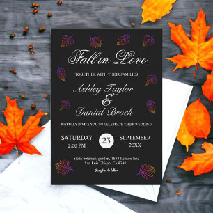 Fall in Love Black And White Glowy Leaves Wedding Invitation