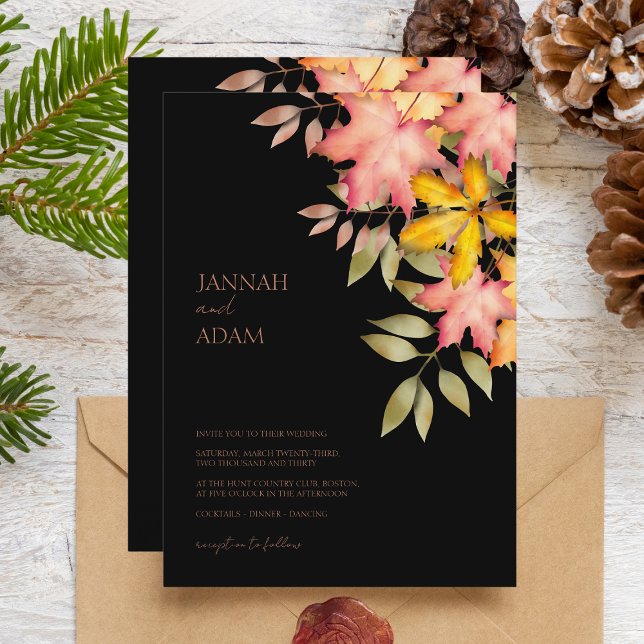 Fall in Love Black Fall Autumn Leaves Wedding Invitation (Creator Uploaded)