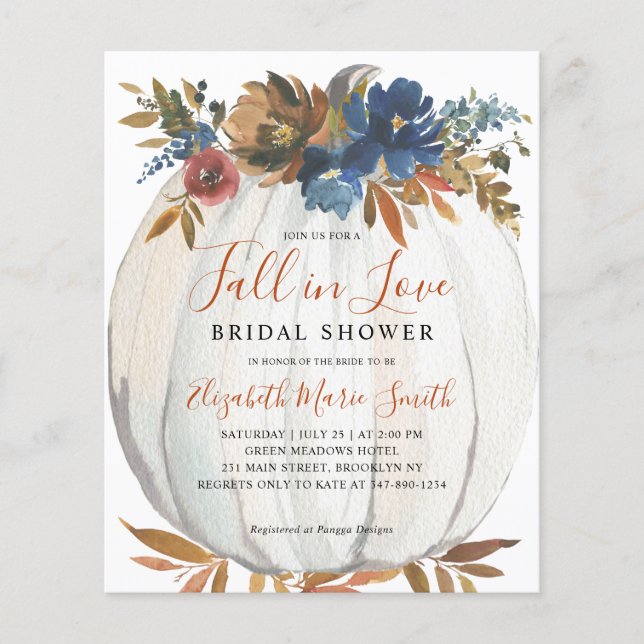 Fall in Love Blue Floral Pumpkin Bridal Shower Flyer (Front)