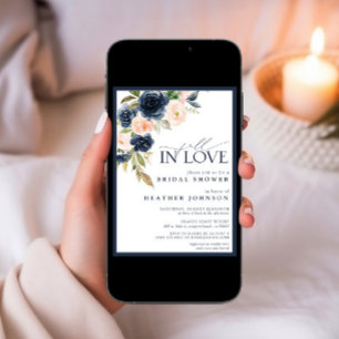 Fall in Love Blue Floral Watercolor Bridal Shower Invitation