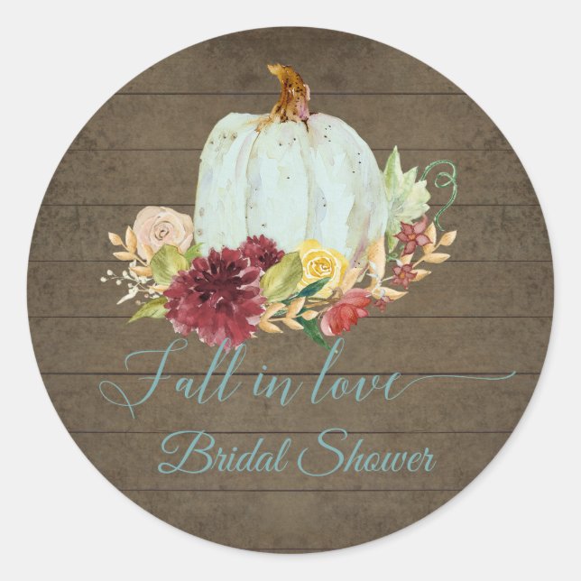 Fall in Love Blue Pumpkin Burgundy Floral Bridal Classic Round Sticker (Front)