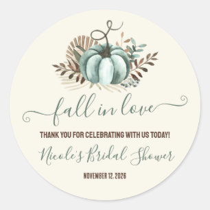 Fall in Love, Blue Pumpkin, Floral Bridal Shower Classic Round Sticker