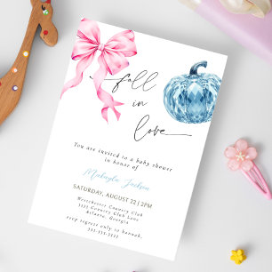 Fall in Love Blue Pumpkin pink bow Baby Shower Invitation