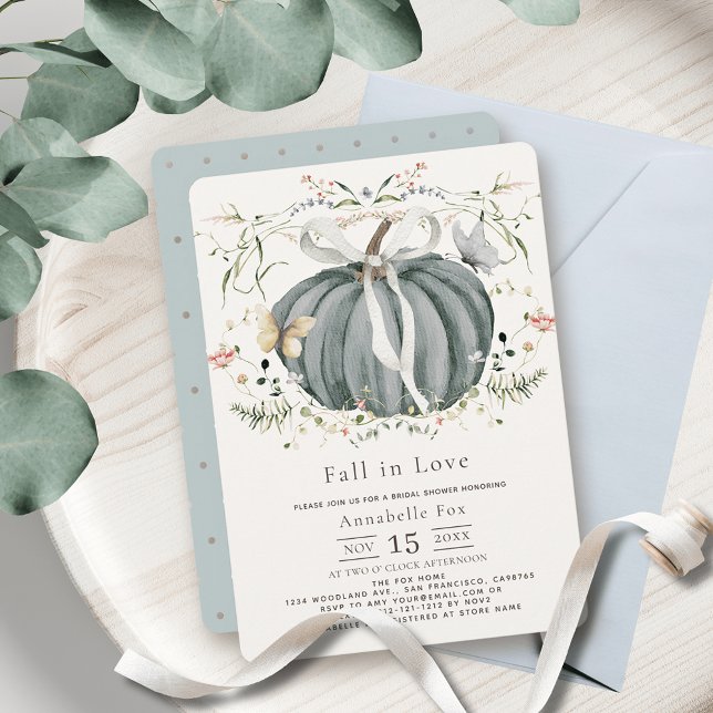 Fall in Love Blue Pumpkin Wildflower Bridal Shower Invitation (Creator Uploaded)