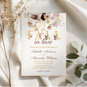 Fall in Love Blush Peony & Gold Burgundy Wedding Invitation