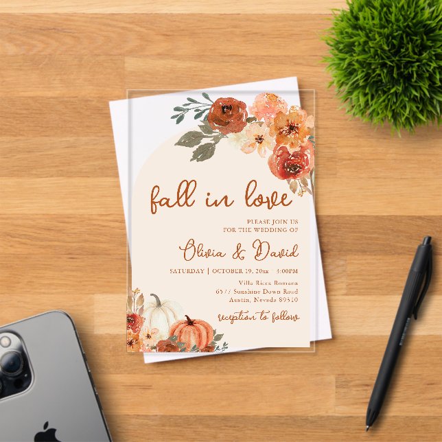 Fall in Love Boho Floral Pumpkin Autumn Wedding Acrylic Invitations (Insitu (Invitation Card))