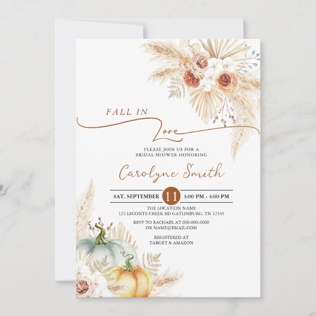 Fall in Love Boho Pampas Grass Bridal Shower Invitation (Front)