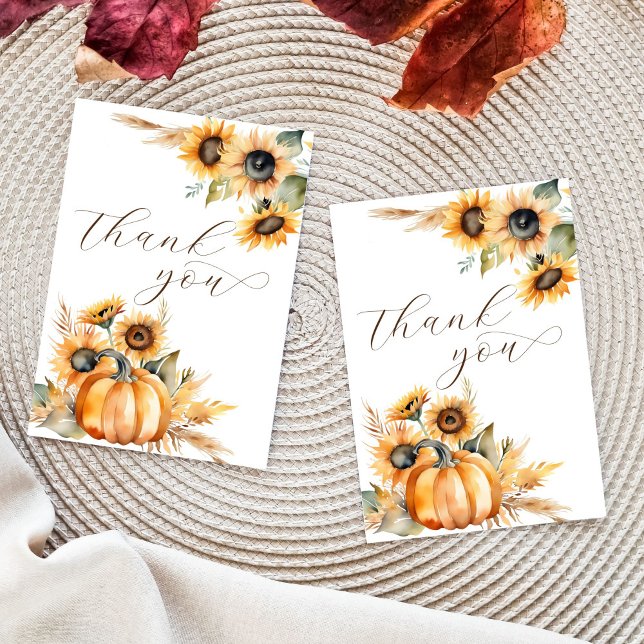 Fall in love boho pumpkin sunflowers bridal shower thank you card (Boho fall themed bridal shower wedding thank you cards template earthy pumpkins sunflowers pampas)