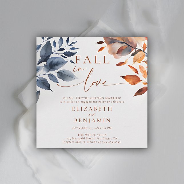 Fall in Love Botanical Duo Leaves Engagement Party Invitation (fall engagement party invitation botanical leaf calligraphy terracotta elegant modern backyard barn)