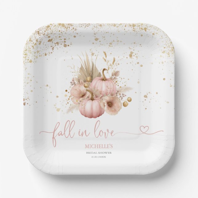 Fall in Love Bridal Shower Boho Flowers Pumpkin Paper Plate (Front)