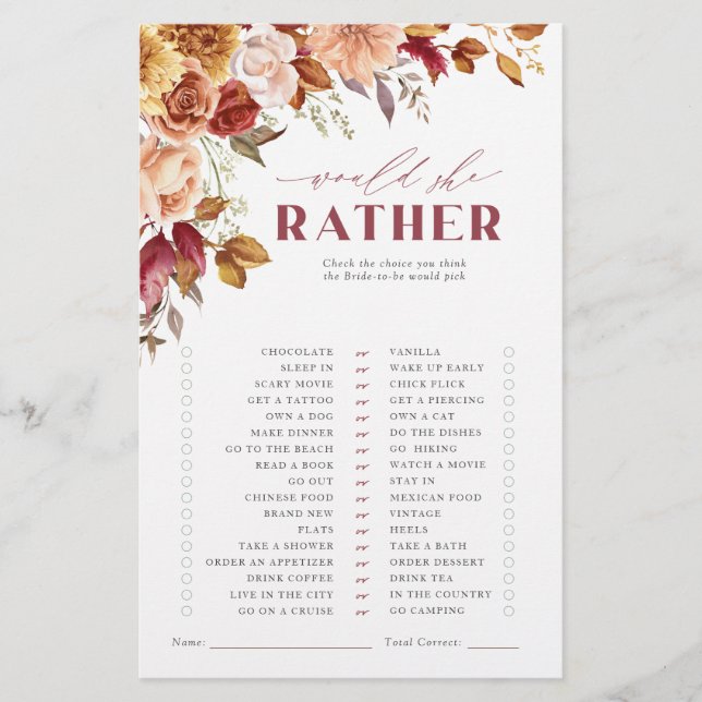 Fall in Love Bridal Shower Game Would she rather (Front)