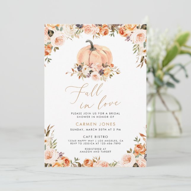 Fall in love Bridal Shower Invitation, Pumpkin Invitation (Standing Front)