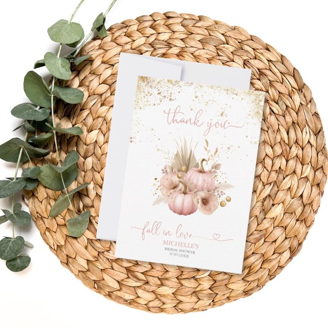 Fall in Love Bridal Shower Thank You Pumpkin Card (blush pink boho pumpkin with gold glitter)