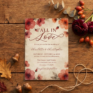 Fall in Love Burgundy Autumn Watercolor Wedding Invitation