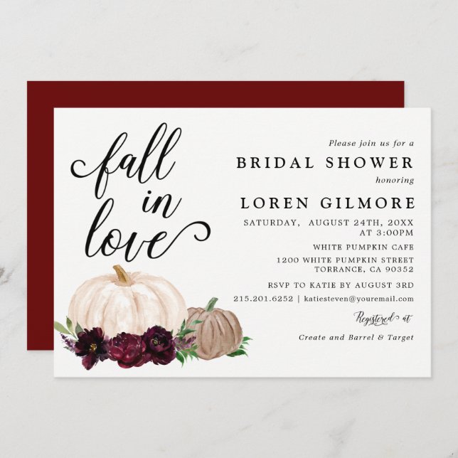 Fall In Love Burgundy Boho Pumpkin Bridal Shower Invitation (Front/Back)