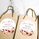Fall in love burgundy dahlias bridal shower favour classic round sticker<br><div class="desc">Fall in love Burgundy orange dahlias daisies autumn floral bridal shower favour thank you stickers for fall themed functions</div>