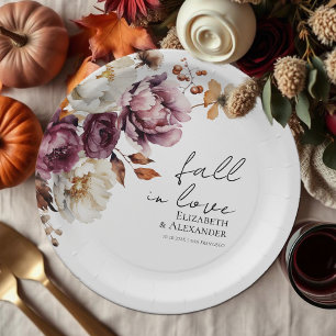 fall in love Burgundy Floral Autumn Wedding Paper Plate