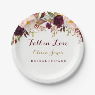 Fall in Love Burgundy Floral Bridal Shower Plate