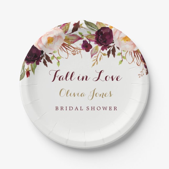 Fall in Love Burgundy Floral Bridal Shower Plate (Front)