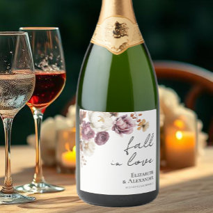 fall in love   Burgundy Floral Wedding Sparkling Wine Label