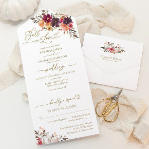 Fall In Love Burgundy Floral White Pumpkin Wedding All In One Invitation