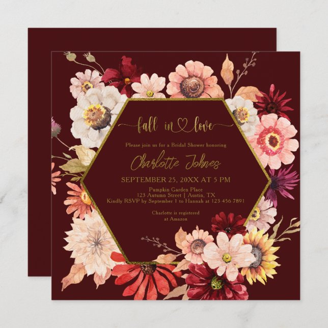 Fall In Love Burgundy Frame Floral Bridal Shower Invitation (Front/Back)